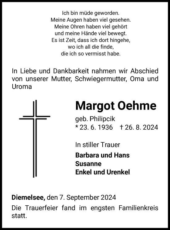 Traueranzeige von Margot Oehme von WLZ