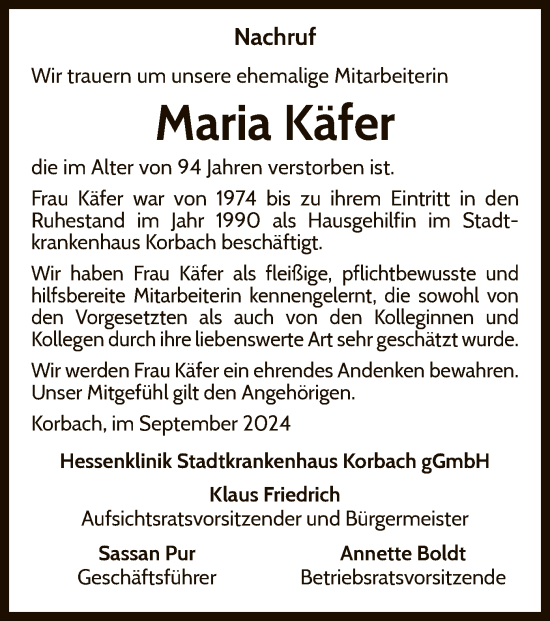 Traueranzeige von Maria Käfer von WLZ