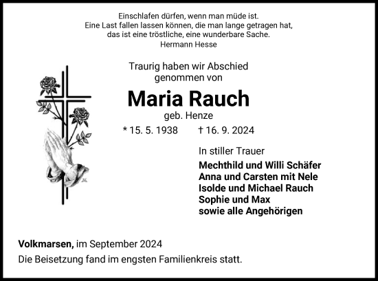 Traueranzeige von Maria Rauch von WLZ