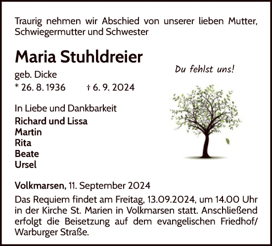 Traueranzeige von Maria Stuhldreier von WLZ