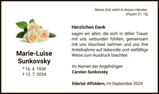 Traueranzeige von Marie-Luise Sunkovsky von WLZ