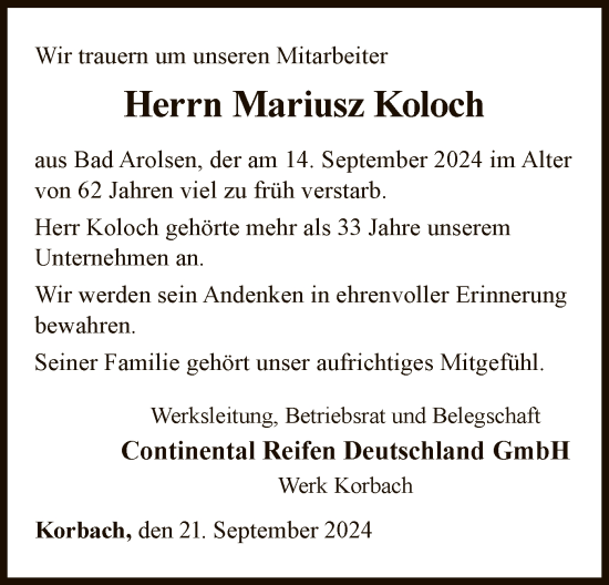 Traueranzeige von Mariusz Koloch von WLZ