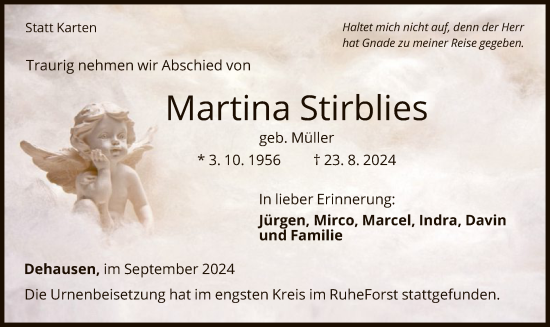 Traueranzeige von Martina Stirblies von WLZ