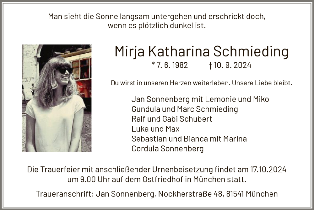  Traueranzeige für Mirja Katharina Schmieding vom 28.09.2024 aus WLZ