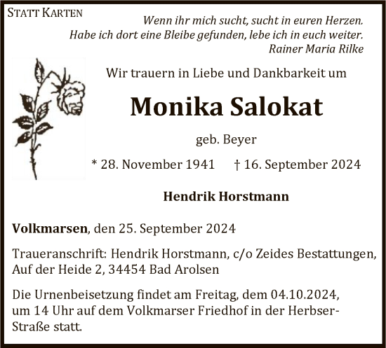 Traueranzeige von Monika Salokat von WLZ