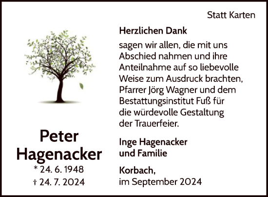 Traueranzeige von Peter Hagenacker von WLZ