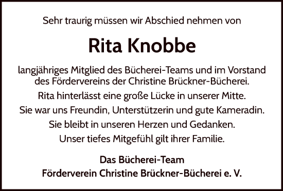 Traueranzeige von Rita Knobbe von WLZ