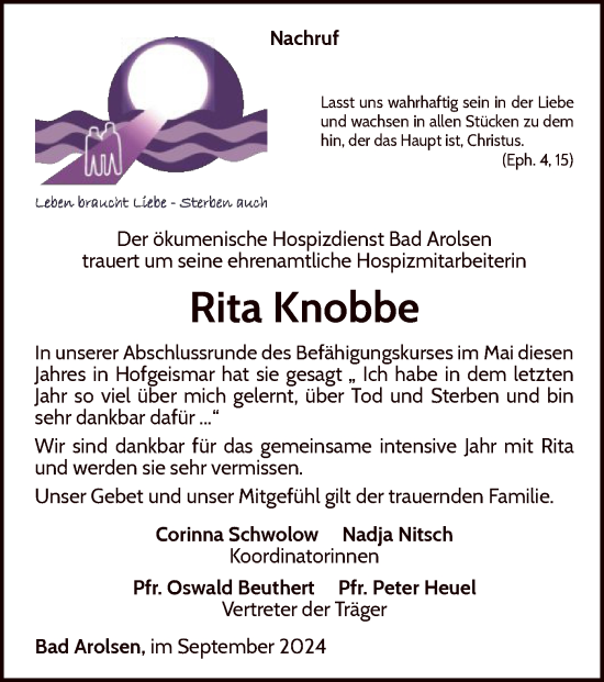 Traueranzeige von Rita Knobbe von WLZ