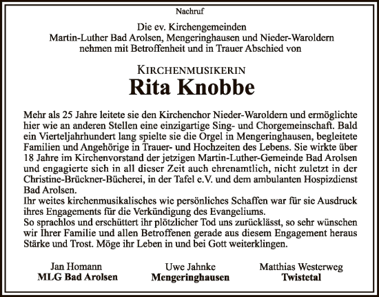 Traueranzeige von Rita Knobbe von WLZ