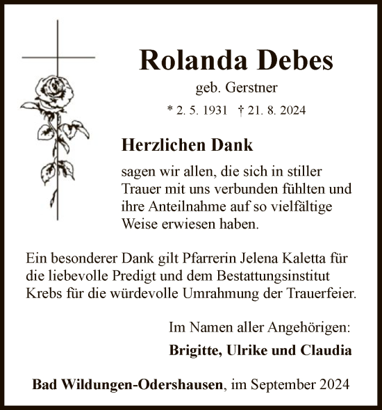 Traueranzeige von Rolanda Debes von WLZ