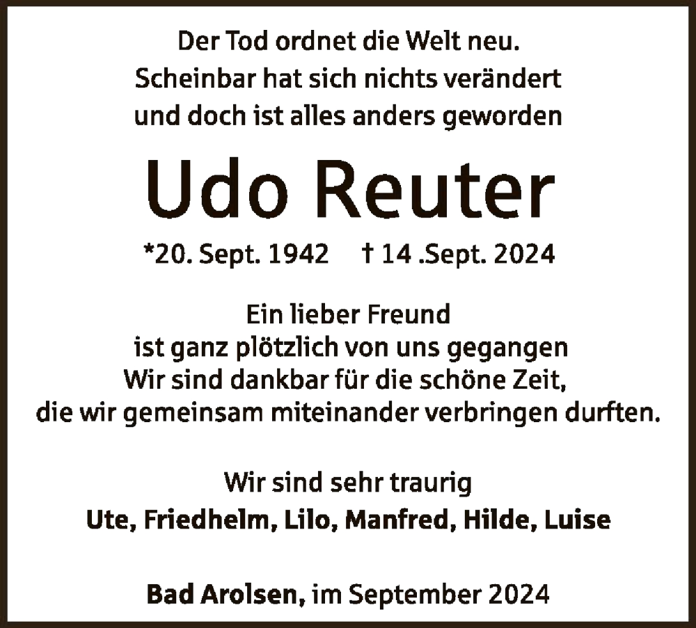  Traueranzeige für Udo Reuter vom 21.09.2024 aus WLZ