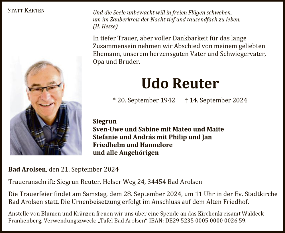  Traueranzeige für Udo Reuter vom 21.09.2024 aus WLZ