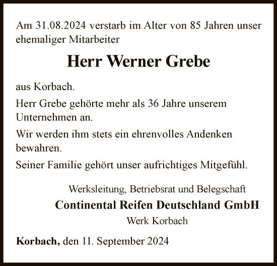 Traueranzeige von Werner Grebe von WLZ