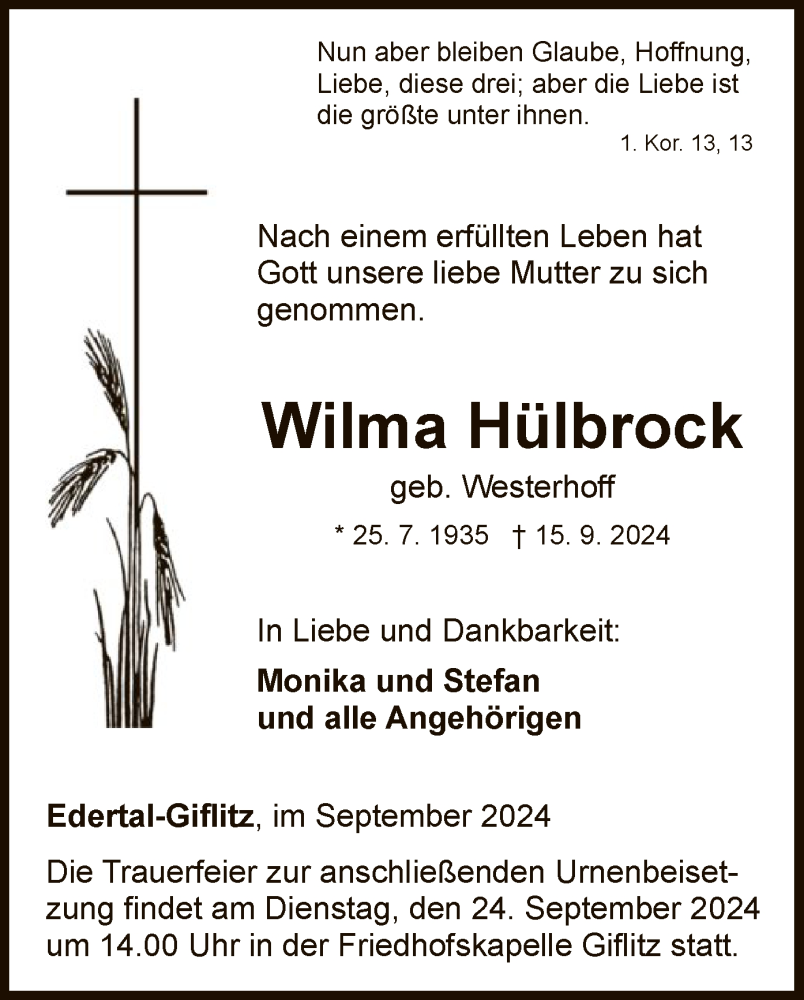  Traueranzeige für Wilma Hülbrock vom 21.09.2024 aus WLZ