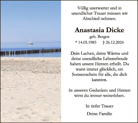 Traueranzeige von Anastasia Dicke von WLZ