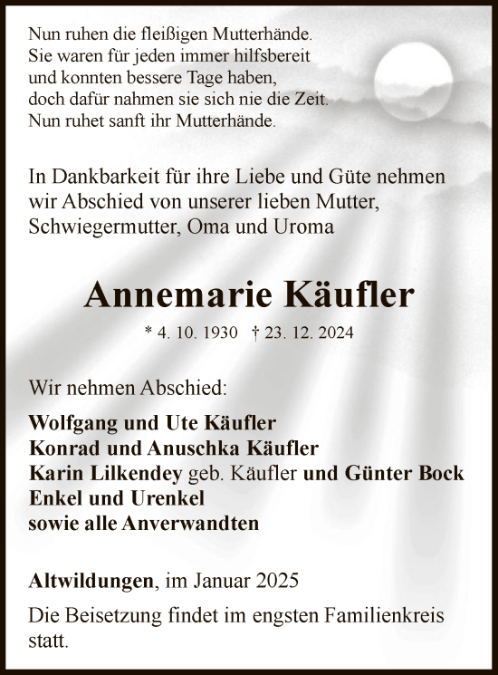 Traueranzeige von Annemarie Käufler von WLZ