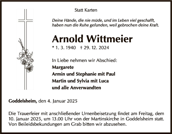 Traueranzeige von Arnold Wittmeier von WLZ