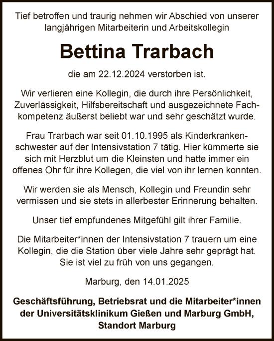 Traueranzeige von Bettina Trarbach von WLZ