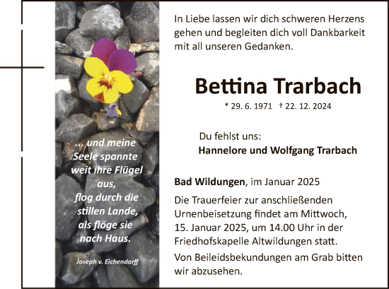 Traueranzeige von Bettina Trarbach von WLZ