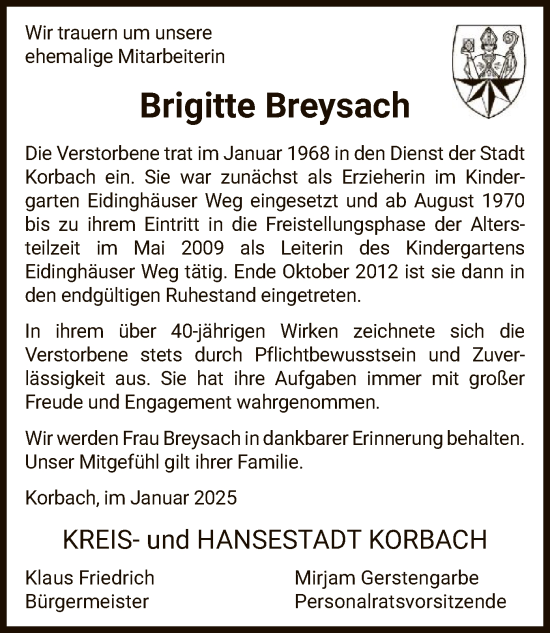 Traueranzeige von Brigitte Breysach von WLZ