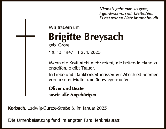 Traueranzeige von Brigitte Breysach von WLZ