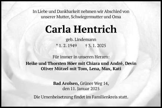 Traueranzeige von Carla Hentrich von WLZ