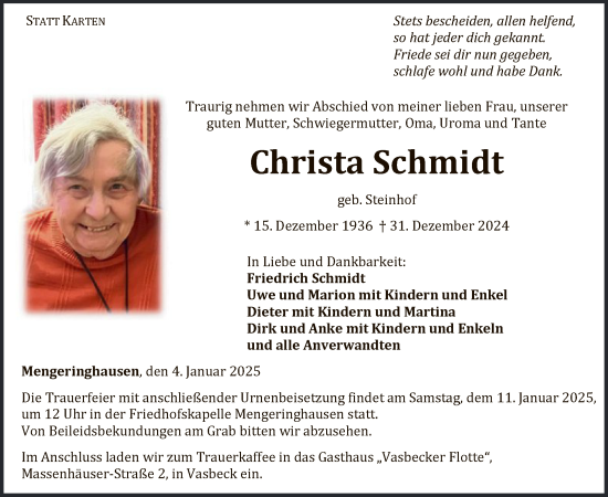 Traueranzeige von Christa Schmidt von WLZ