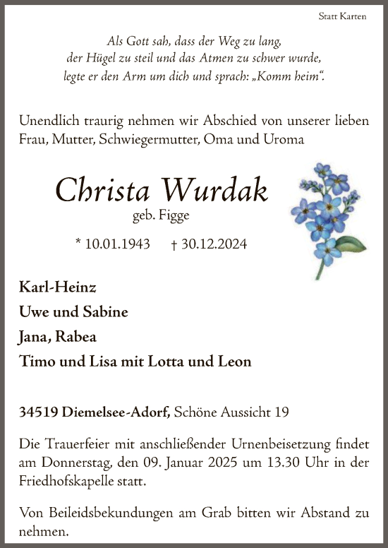 Traueranzeige von Christa Wurdak von WLZ