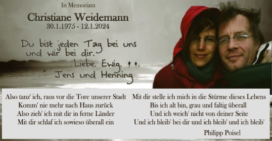 Traueranzeige von Christiane Weidemann von WLZ