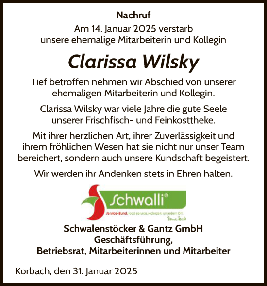 Traueranzeige von Clarissa Wilsky von WLZ