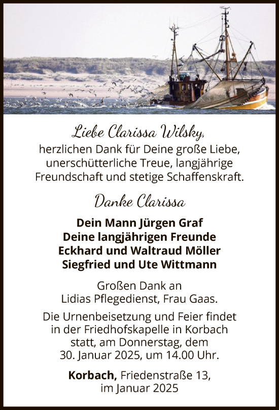 Traueranzeige von Clarissa Wilsky von WLZ