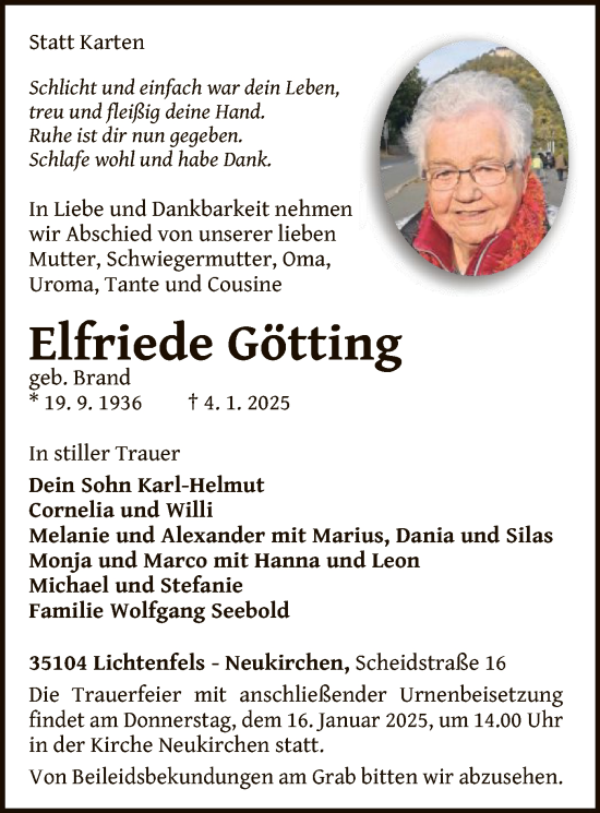 Traueranzeige von Elfriede Götting von WLZ