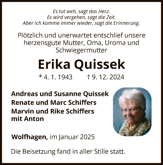 Traueranzeige von Erika Quissek von WLZ
