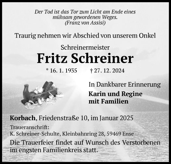 Traueranzeige von Fritz Schreiner von WLZ