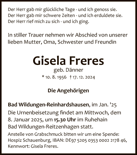 Traueranzeige von Gisela Freres von WLZ
