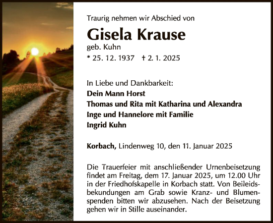 Traueranzeige von Gisela Krause von WLZ