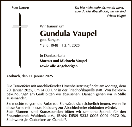 Traueranzeige von Gundula Vaupel von WLZ