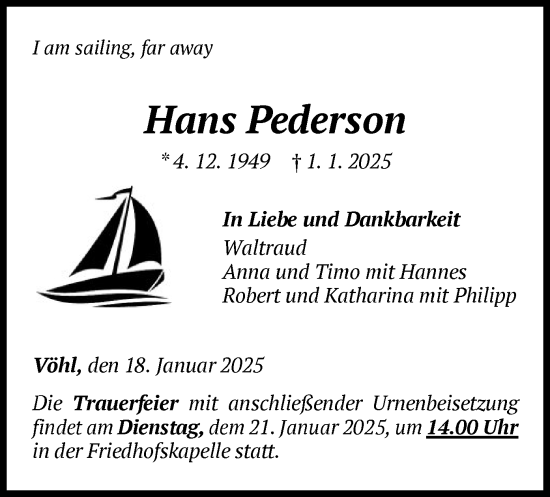 Traueranzeige von Hans Pederson von WLZ