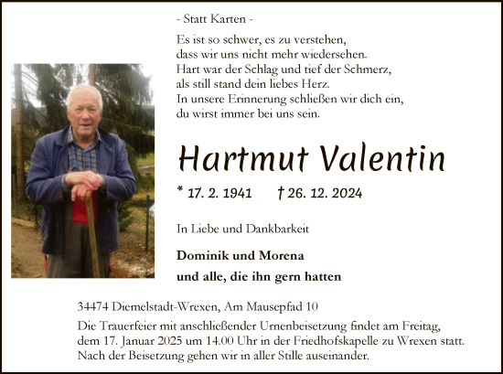 Traueranzeige von Hartmut Valentin von WLZ