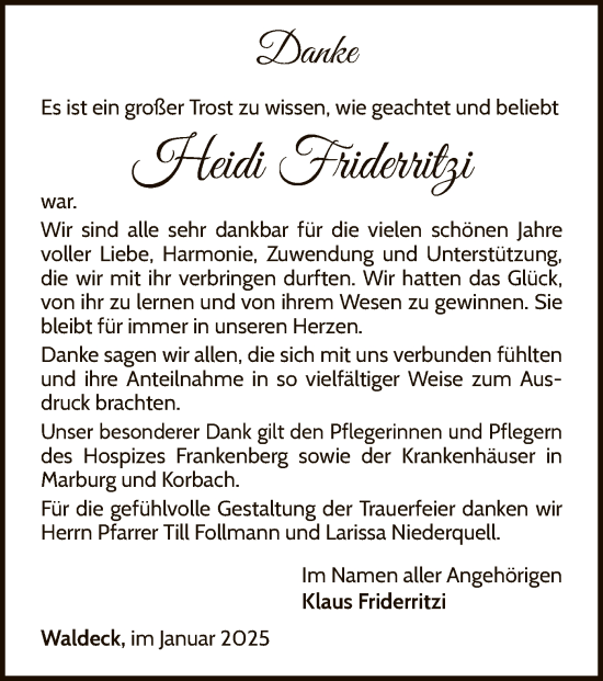 Traueranzeige von Heidi Friderritzi von WLZ