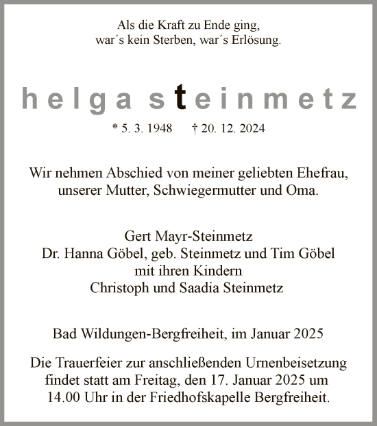 Traueranzeige von Helga Steinmetz von WLZ