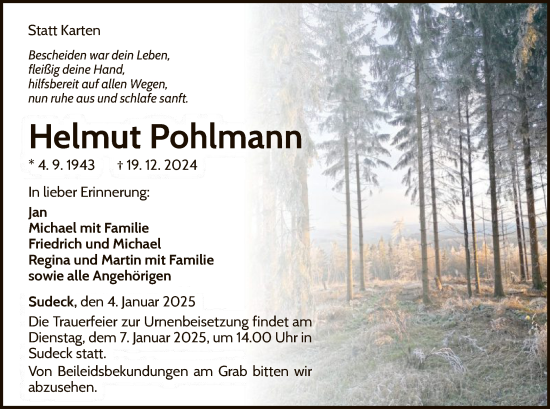 Traueranzeige von Helmut Pohlmann von WLZ