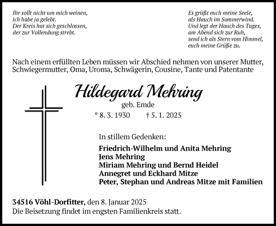 Traueranzeige von Hildegard Mehring von WLZ