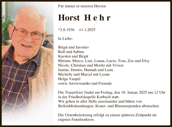 Traueranzeige von Horst Hehr von WLZ