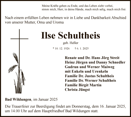 Traueranzeige von Ilse Schultheis von WLZ