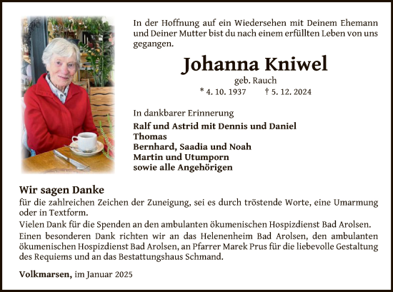 Traueranzeige von Johanna Kniwel von WLZ