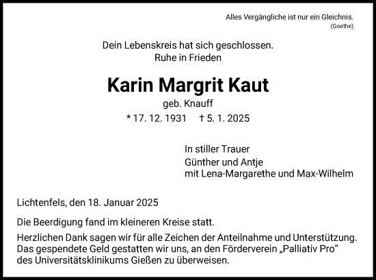 Traueranzeige von Karin Margrit Kaut von HNAWLZ
