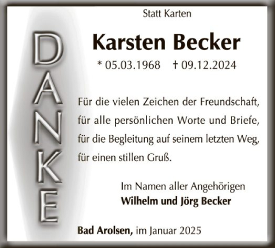 Traueranzeige von Karsten Becker von WLZ