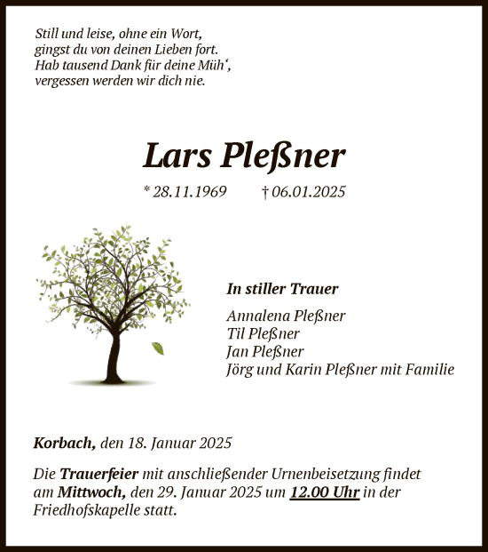 Traueranzeige von Lars Pleßner von WLZ