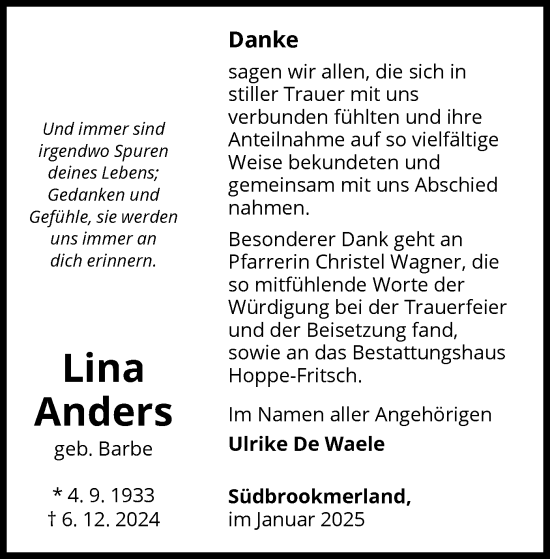 Traueranzeige von Lina Anders von WLZ